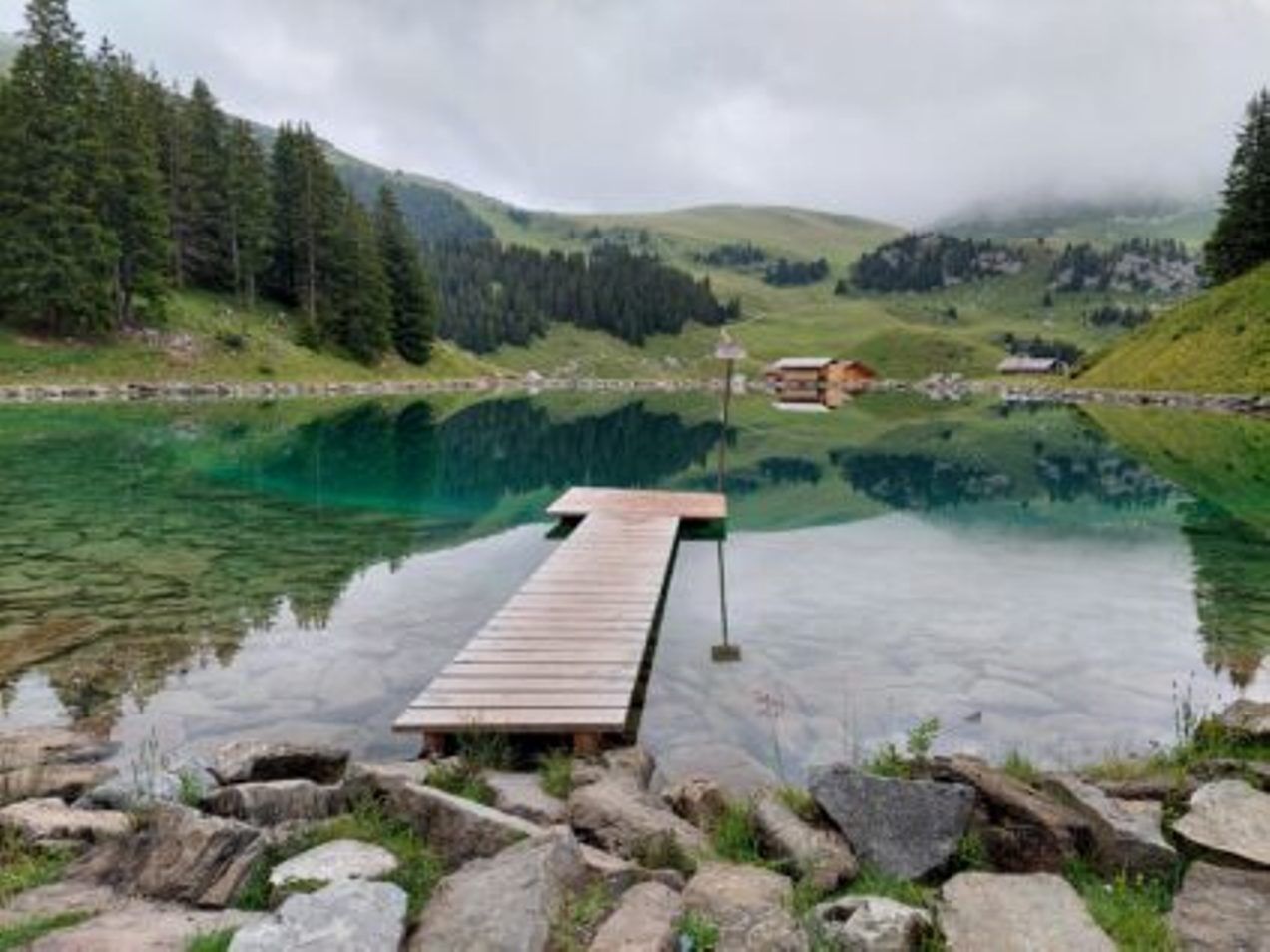 Brandsee Elsigen-Metsch com passarela e águas claras.