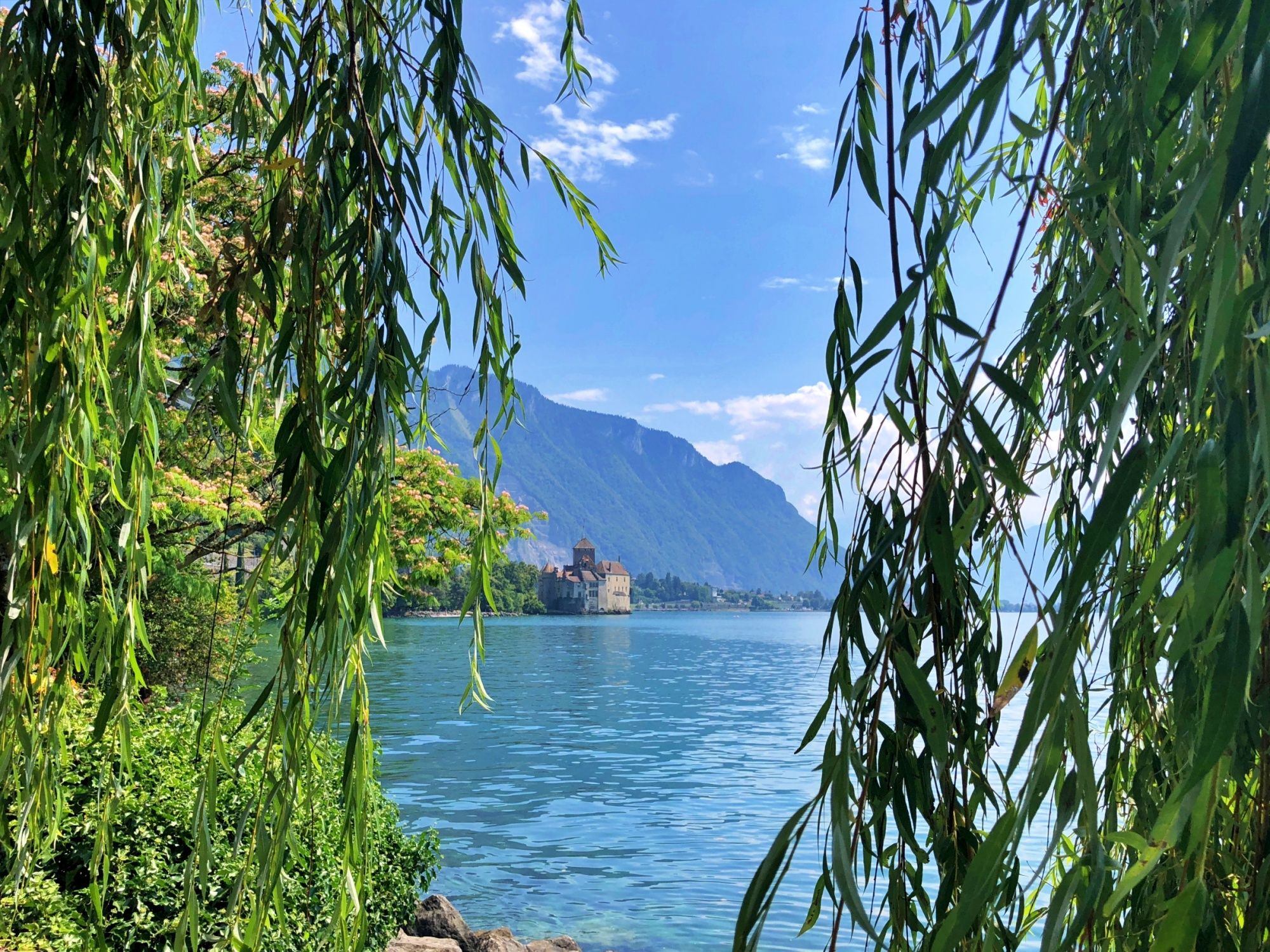 Castelo de Chillon à beira do Lago de Genebra, paisagem idílica, água, montanhas, Suíça