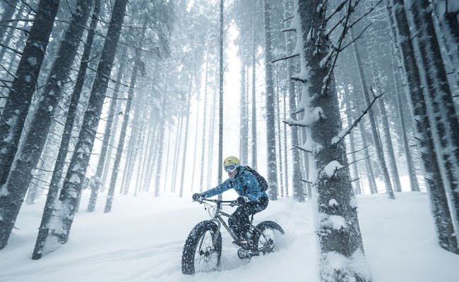 Fatbike im Schnee, Bogensportler fährt durch verschneiten Wald