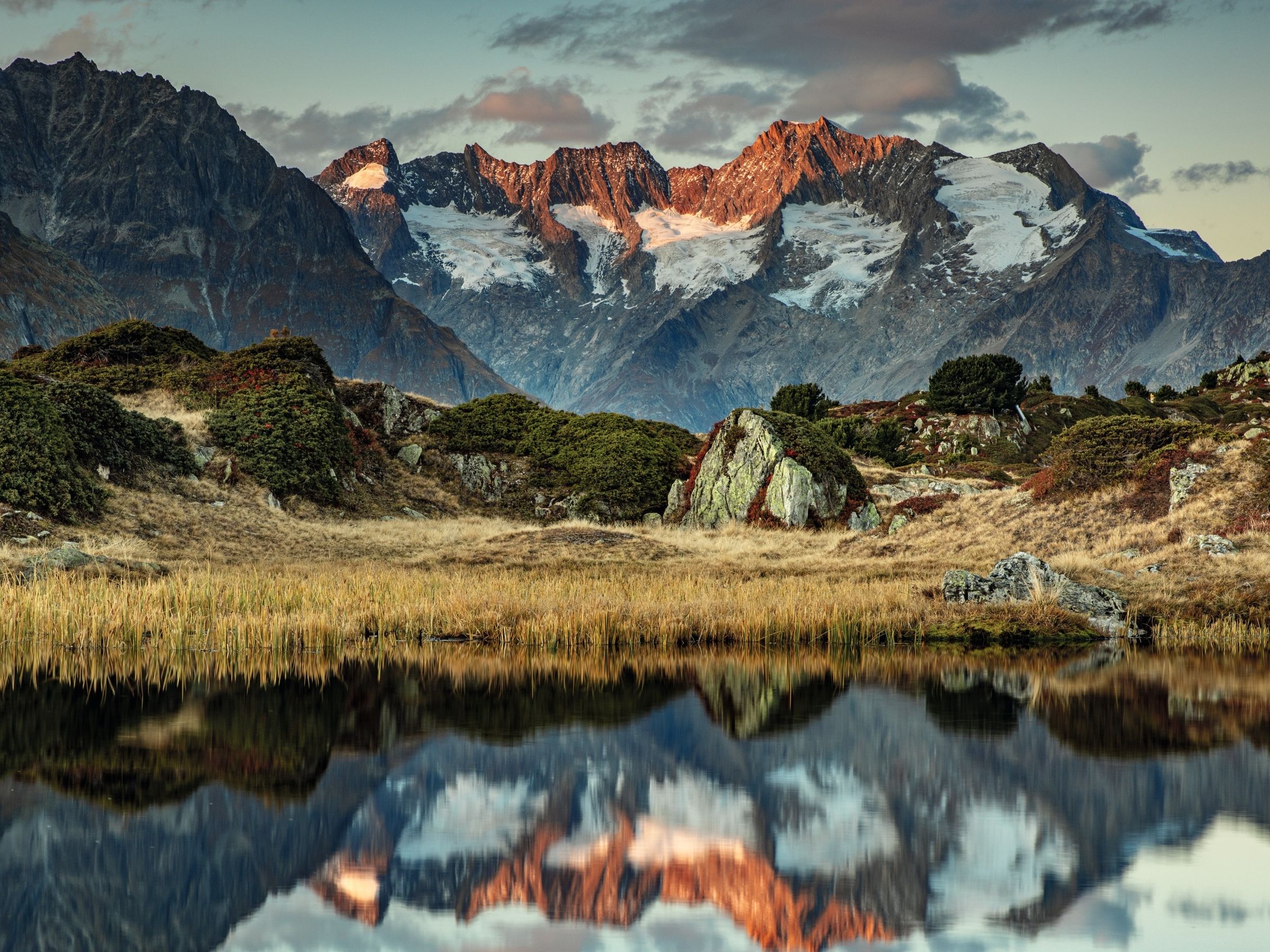 엔틀부흐 생물권과 알프스 풍경, 풀밭, 반사하는 물.