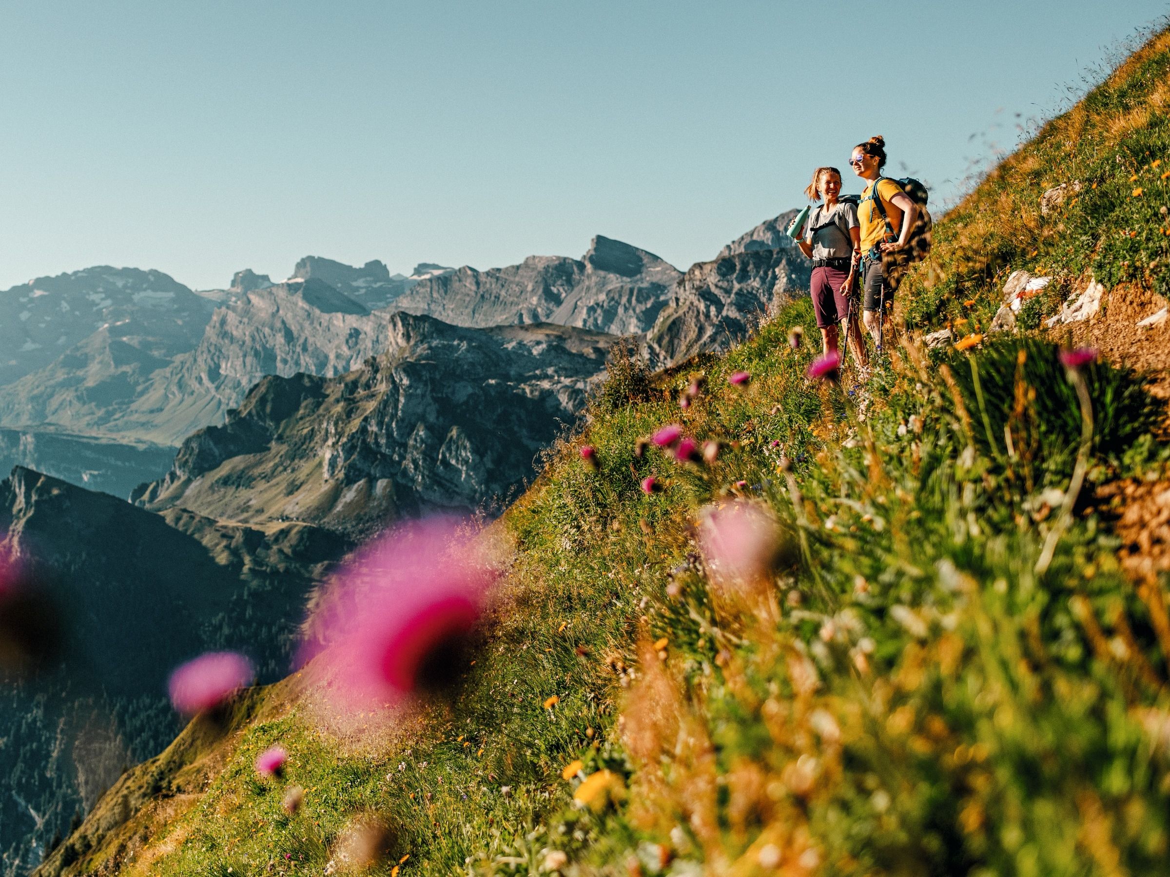 엔틀부크 생물권에서 하이커들이 알프스 풍경과 산을 감상하고 있습니다.