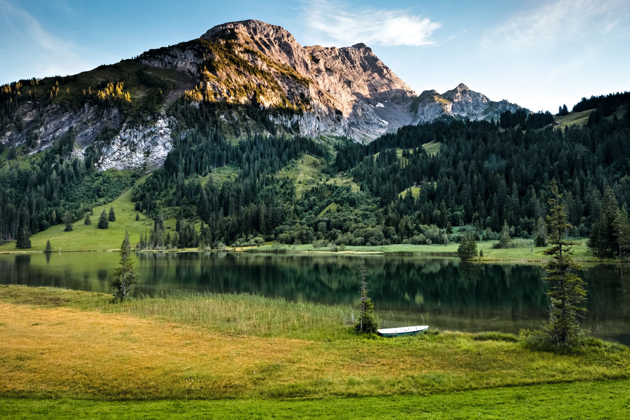 Lauenensee: schilderachtige bergen met rustig water en groene weiden omgeven door bergen.