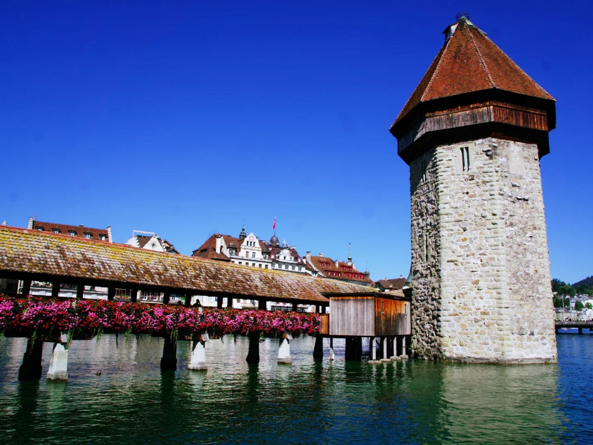 लुसर्न में जल ट्यूबवेल साथ पुल, फूलों की खिलती हुई झाड़ियों और साफ़ आसमान, यात्रियों और फोटोग्राफरों के लिए आदर्श।