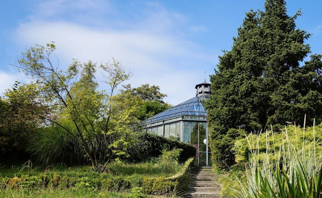 Jardín Botánico de Zúrich con invernadero y árboles al fondo.