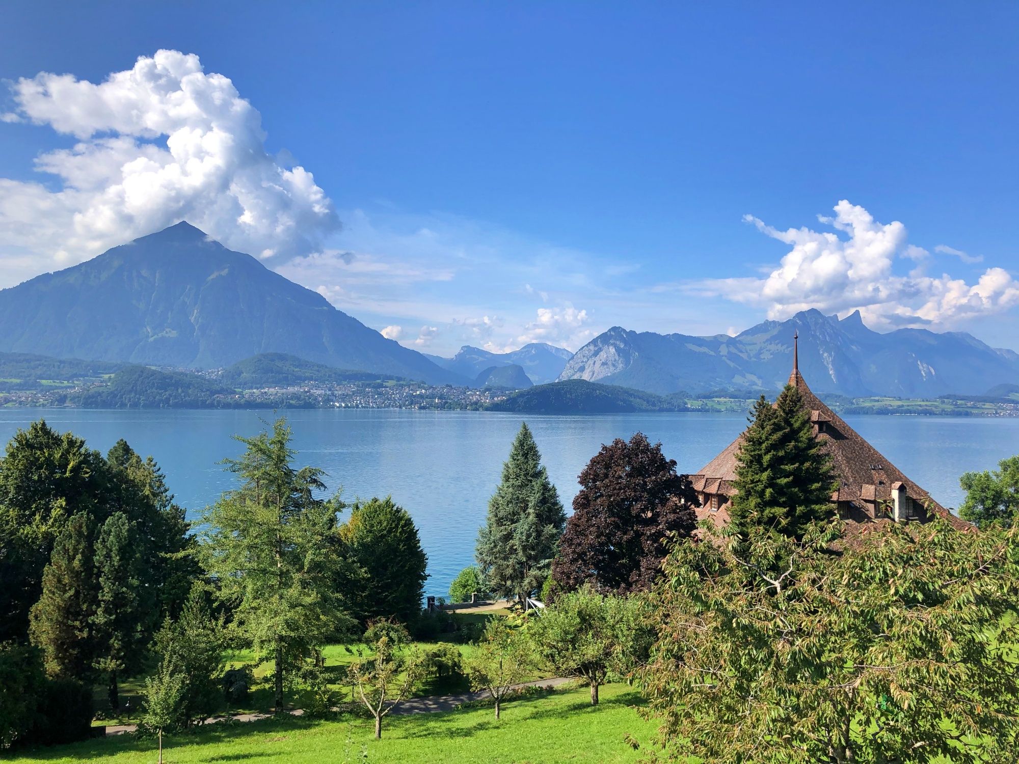 Panorama do Lago de Thun com montanhas, florestas e um ambiente idílico à beira do lago.