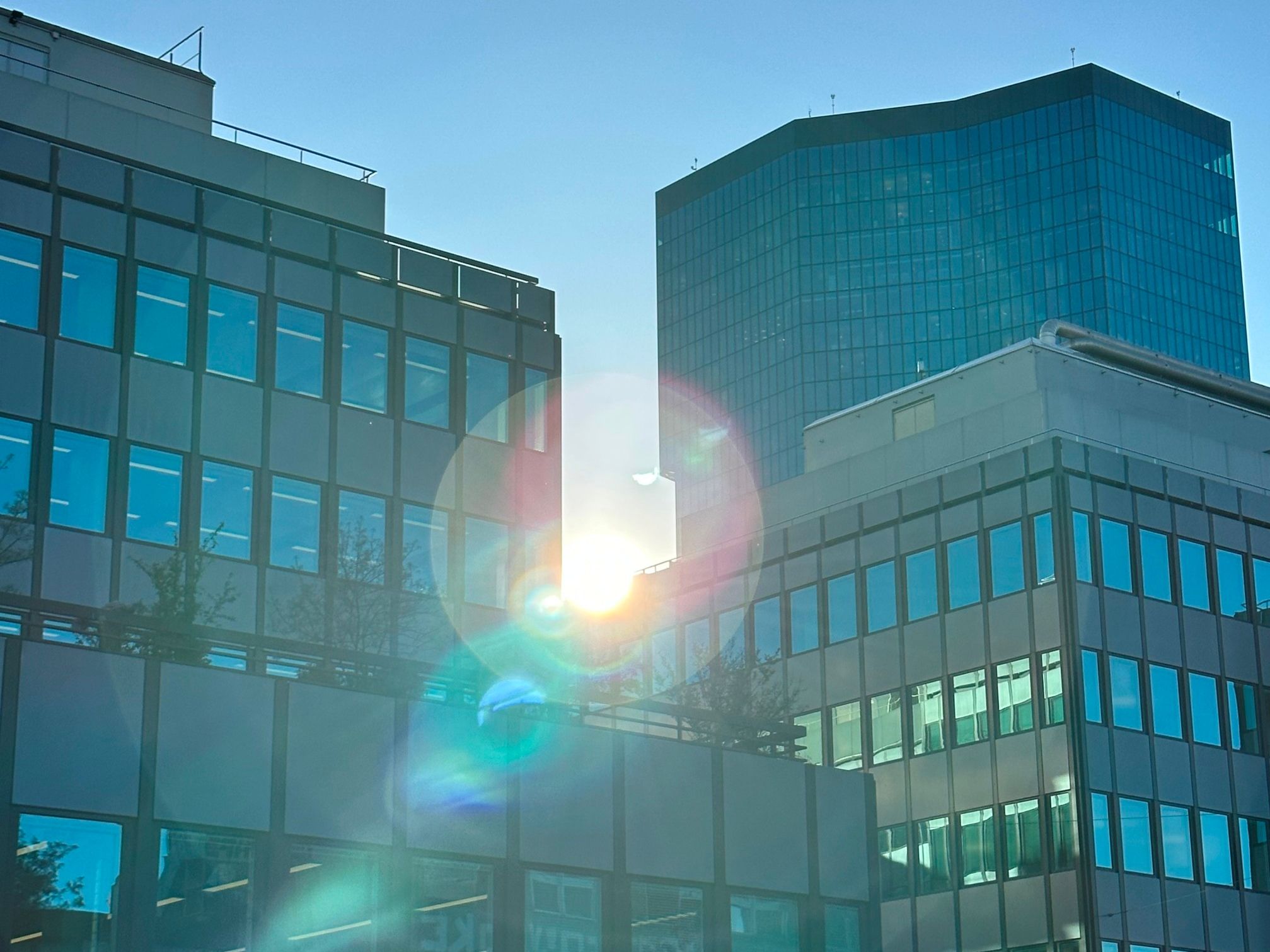 태양: 현대 건물과 맑은 하늘이 있는 도시 환경에서의 사진 촬영.