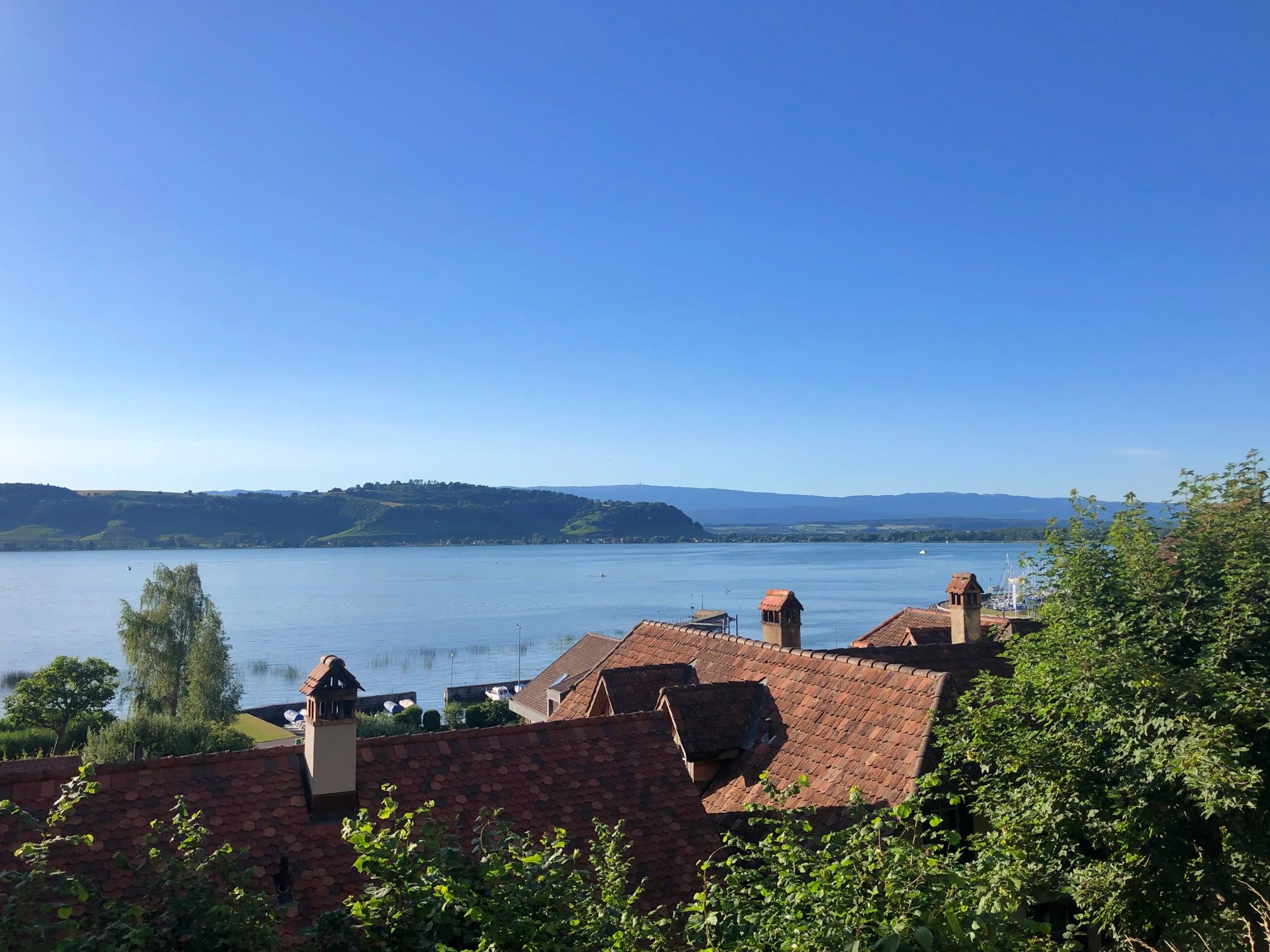 Murten sul lago di Murten con vista sul lago e dintorni verdi.