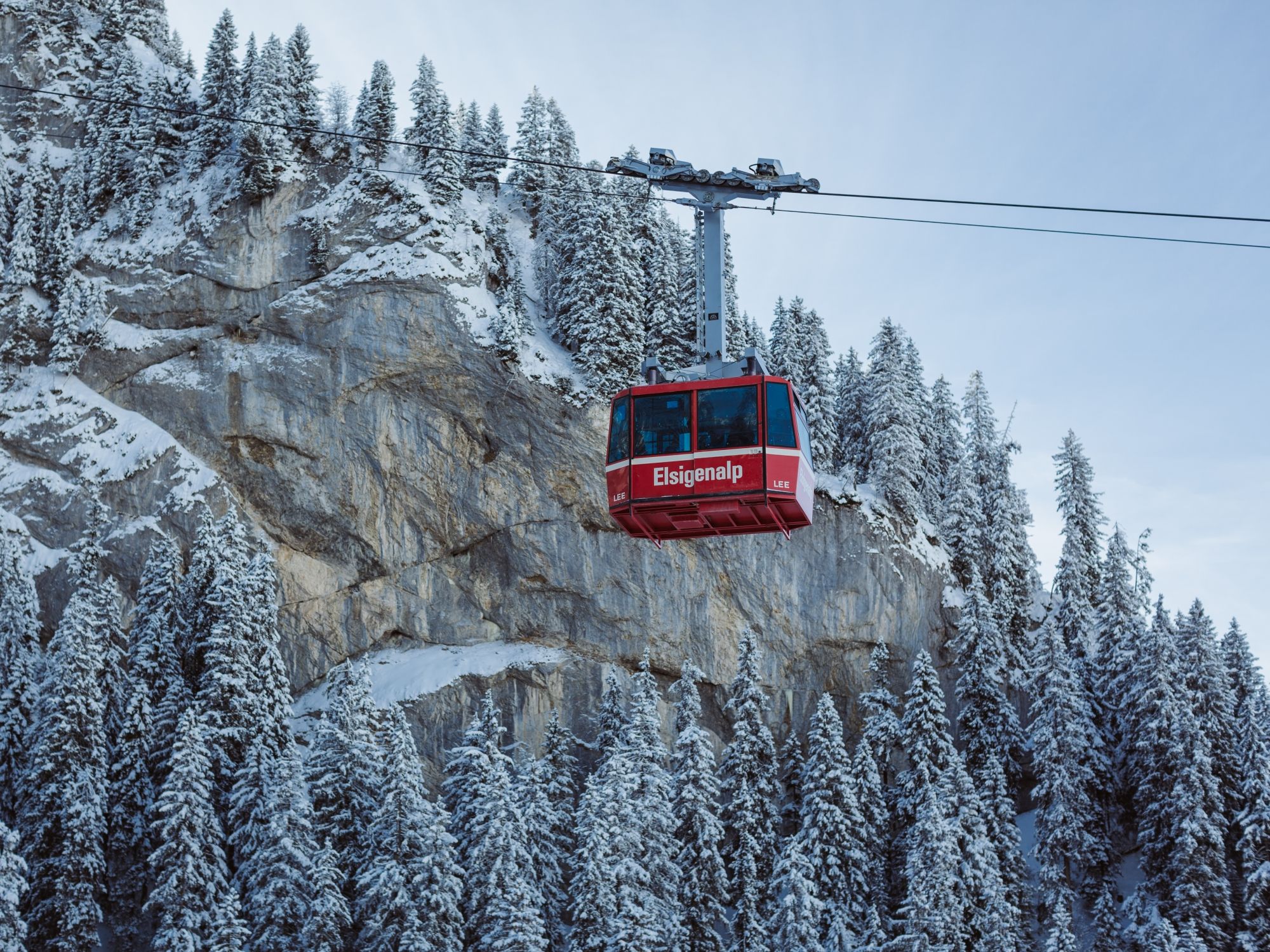 A telecabina de Elsigen Metsch flutua sobre árvores cobertas de neve no inverno