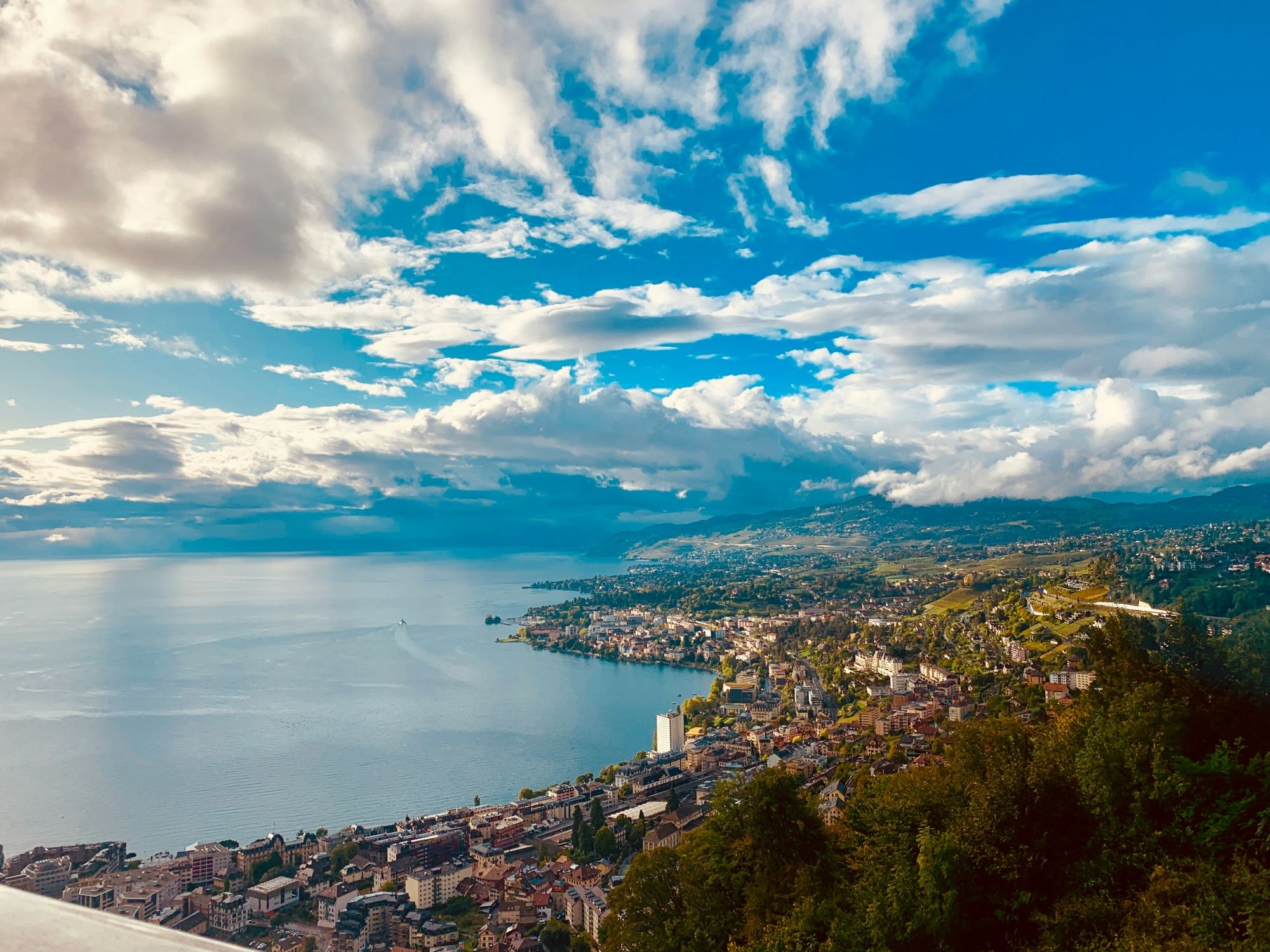 Montreux: View of the city on Lake Geneva with mountains and charming houses.