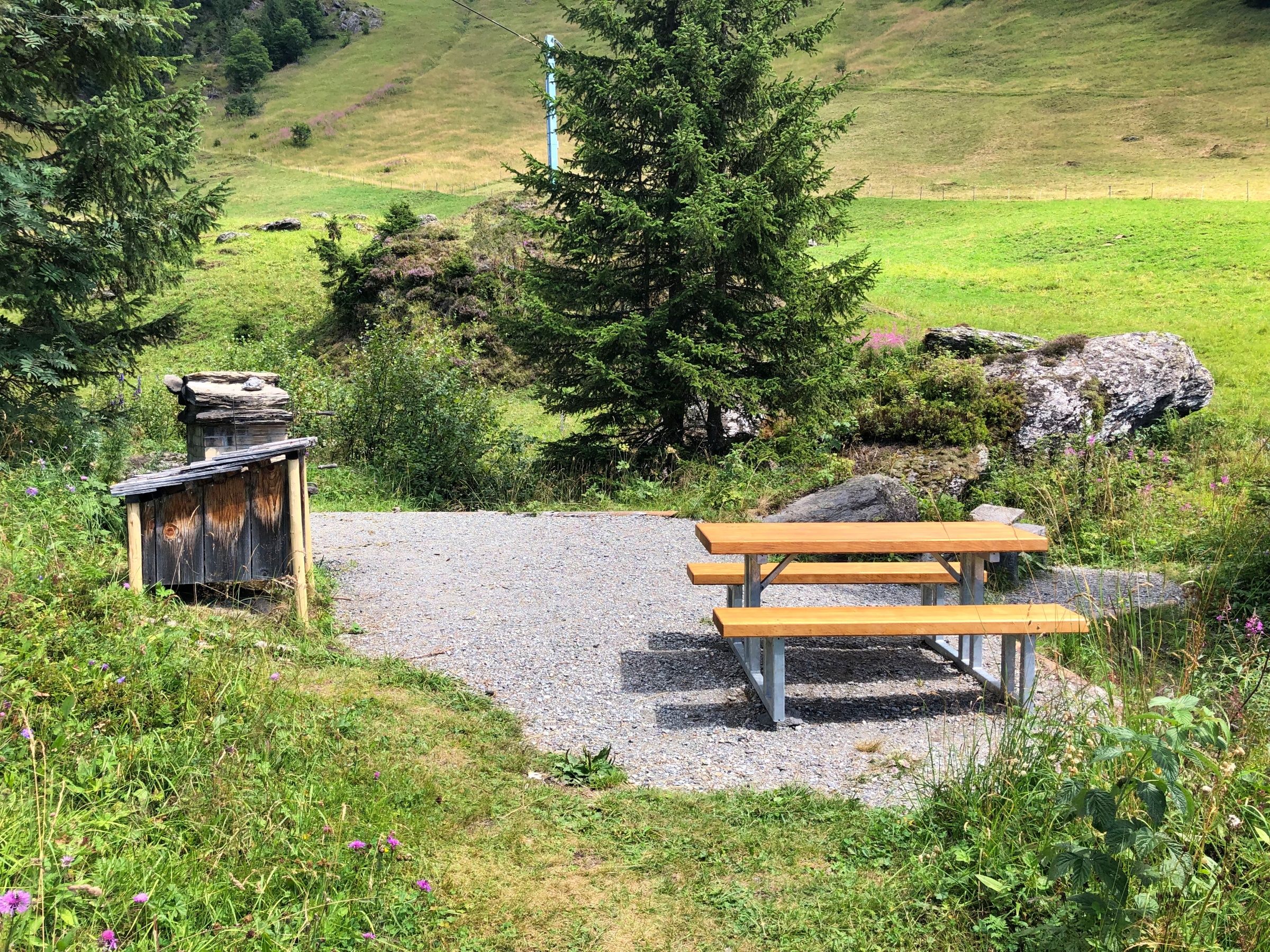 Švýtská rodina u ohniště v Alpách, obklopena zelenou loukou a stromy.