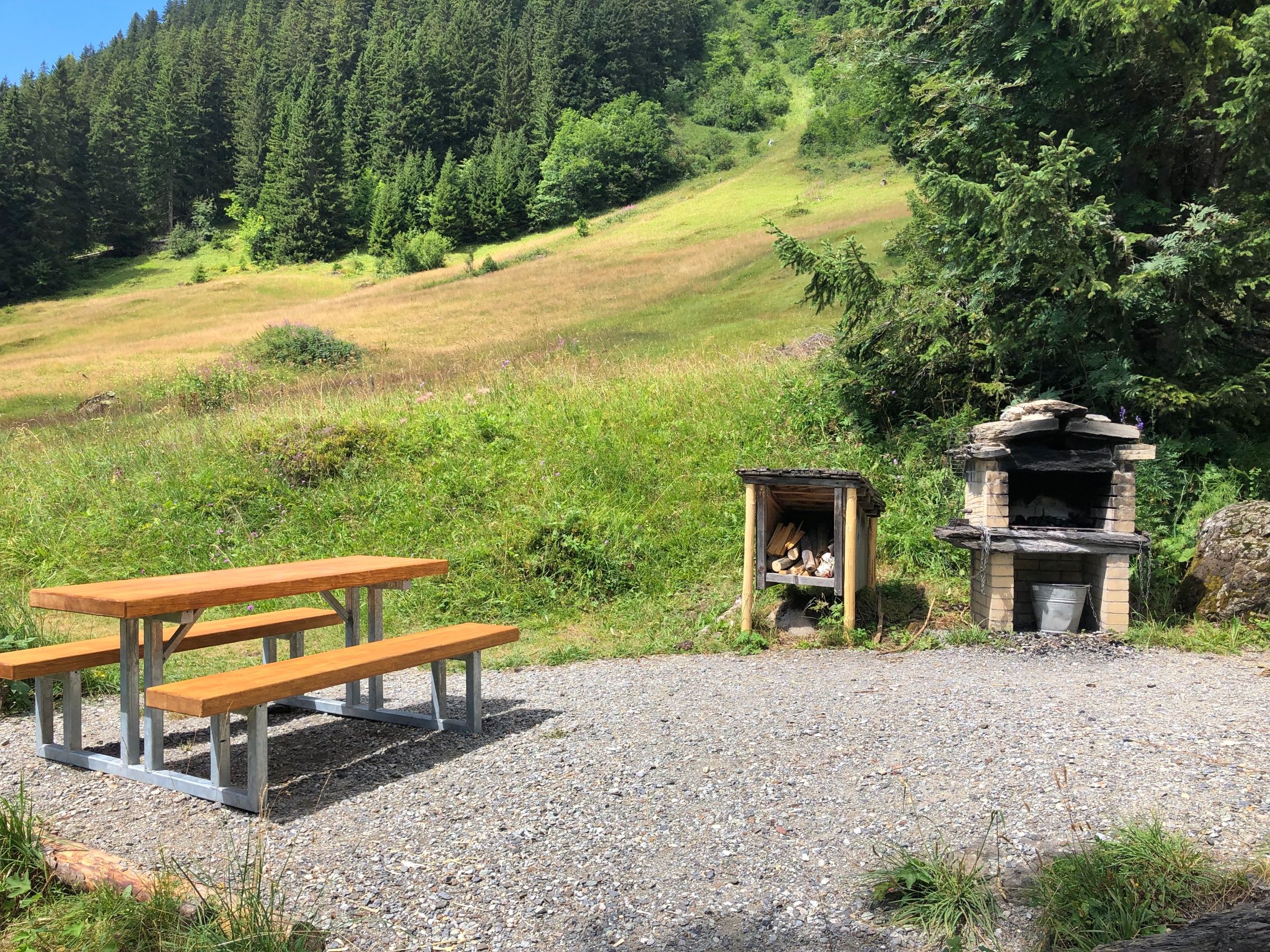 Ohniště se dřevem, piknikový stůl v přírodě, Alpická oblast