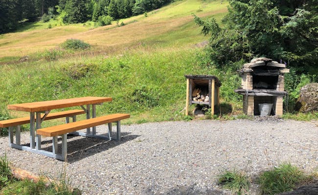 Fogata con madera, mesa de picnic en el campo, región alpina