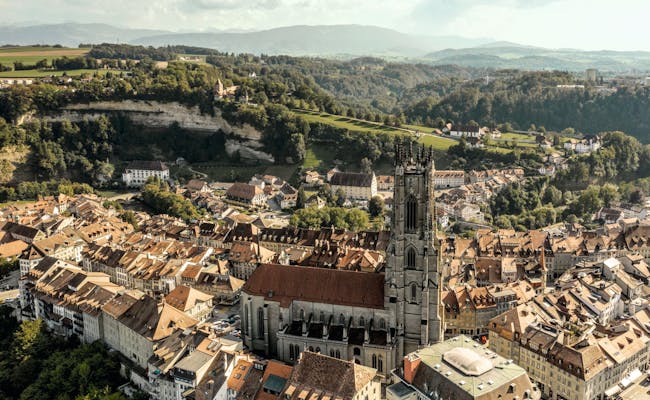 Fribourg : Vue sur la ville historique avec des montagnes et la nature en arrière-plan, idéal pour les amateurs de culture et de nature.