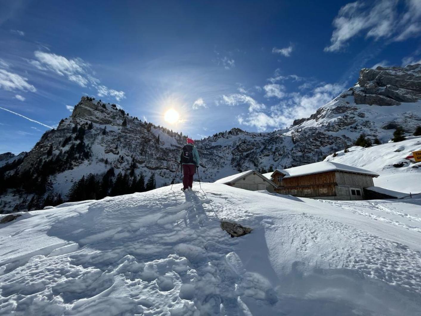 Vintervandring med snöskor i bergen, perfekt för grupper och äventyr i vinterskogen.