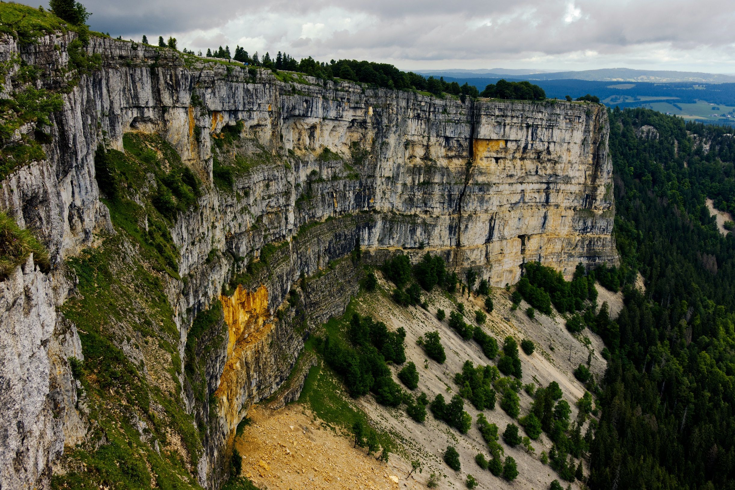Creux du Van: breathtaking cliff landscape with nature, rocks, and green forests.