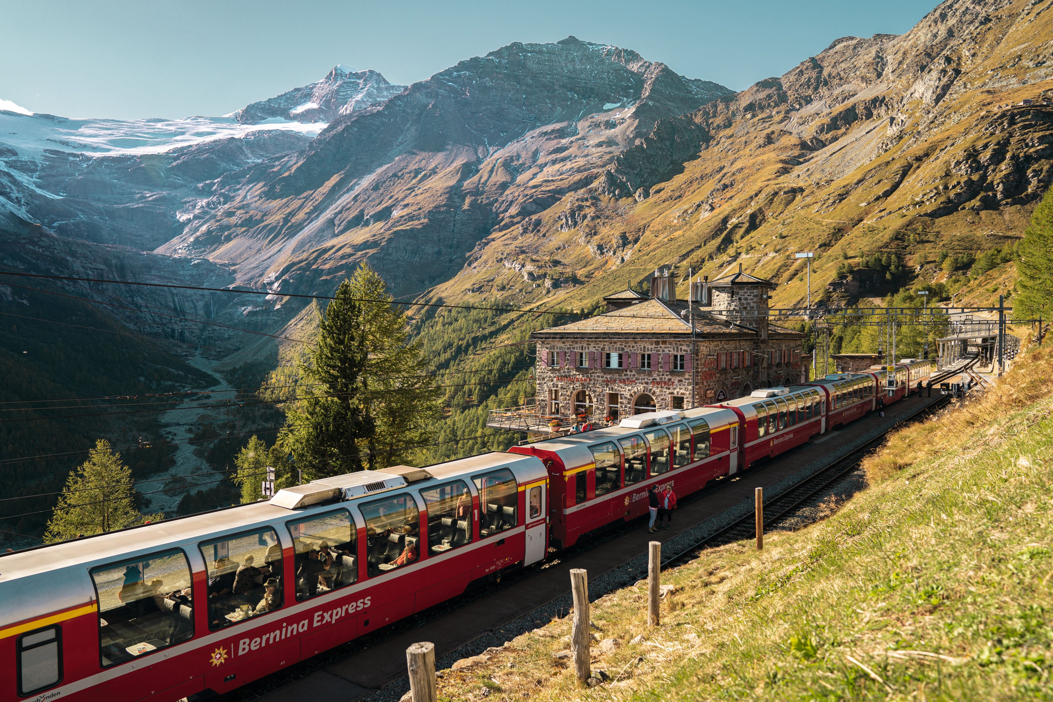Alp Grüm: Train ride through the Swiss Alps with impressive mountains and nature