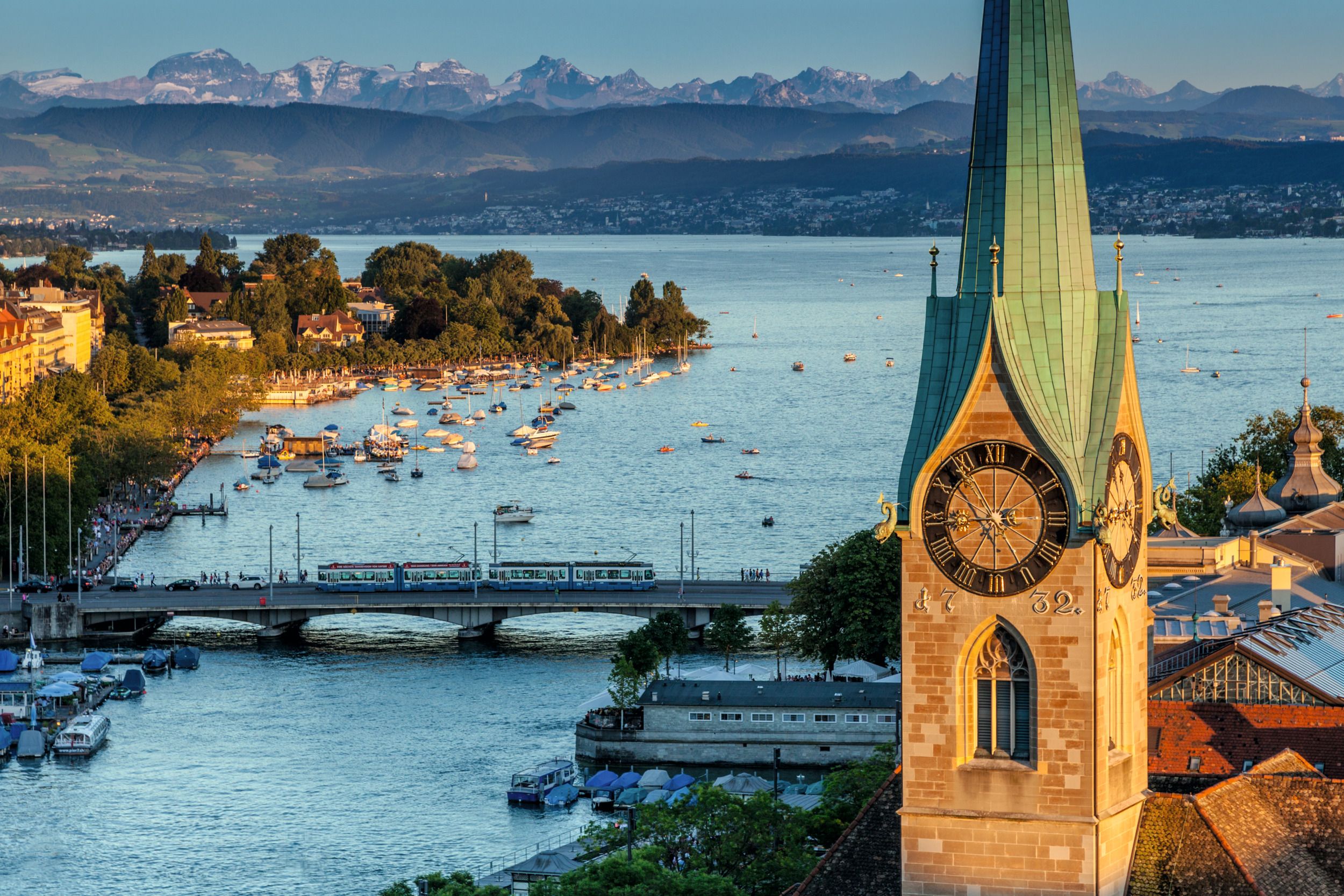 Panorama de Zurich : vue sur le lac de Zurich et les Alpes, idéal pour des activités d'été relaxantes.
