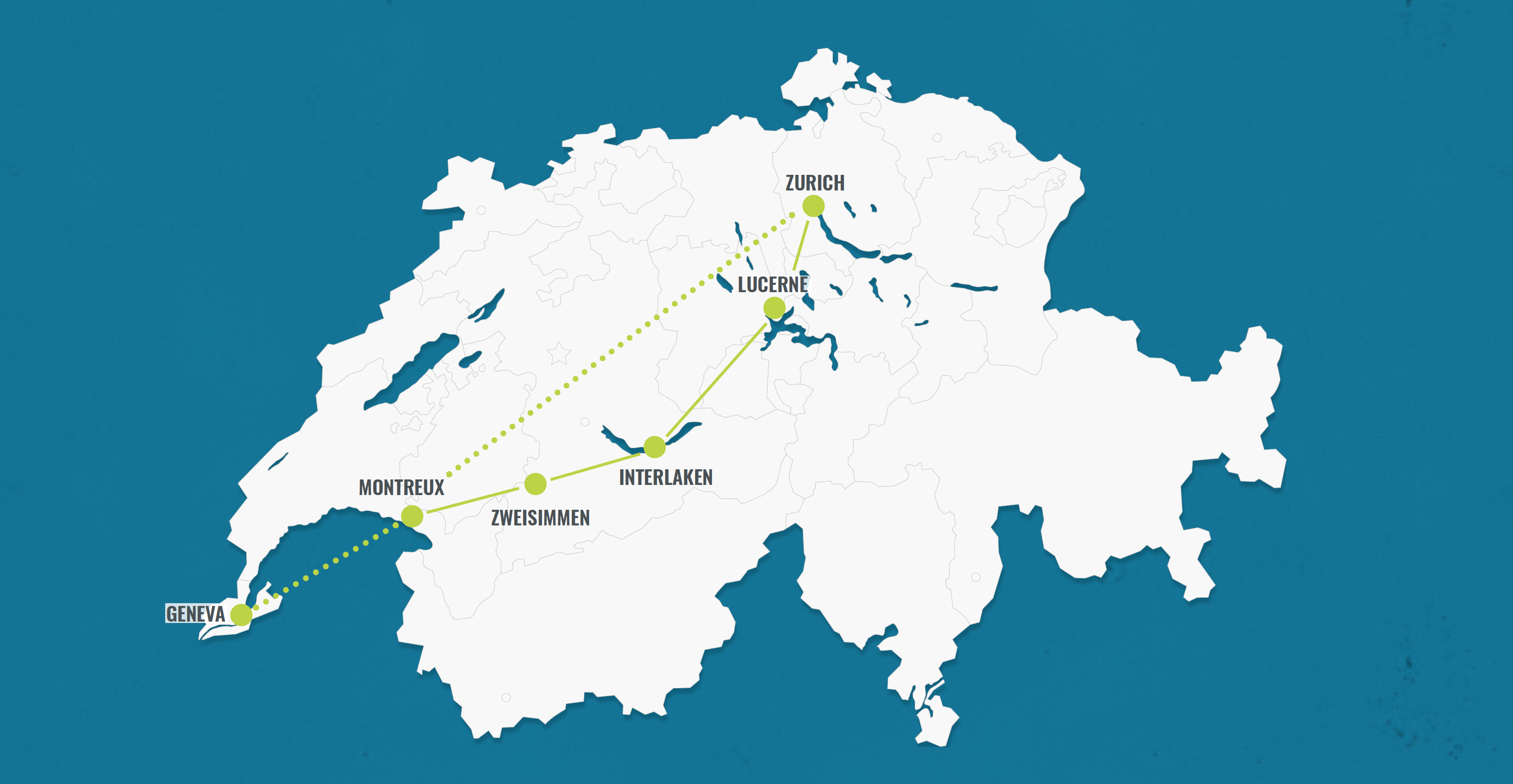 Route from Zurich to Montreux with stops in Lucerne and Interlaken.