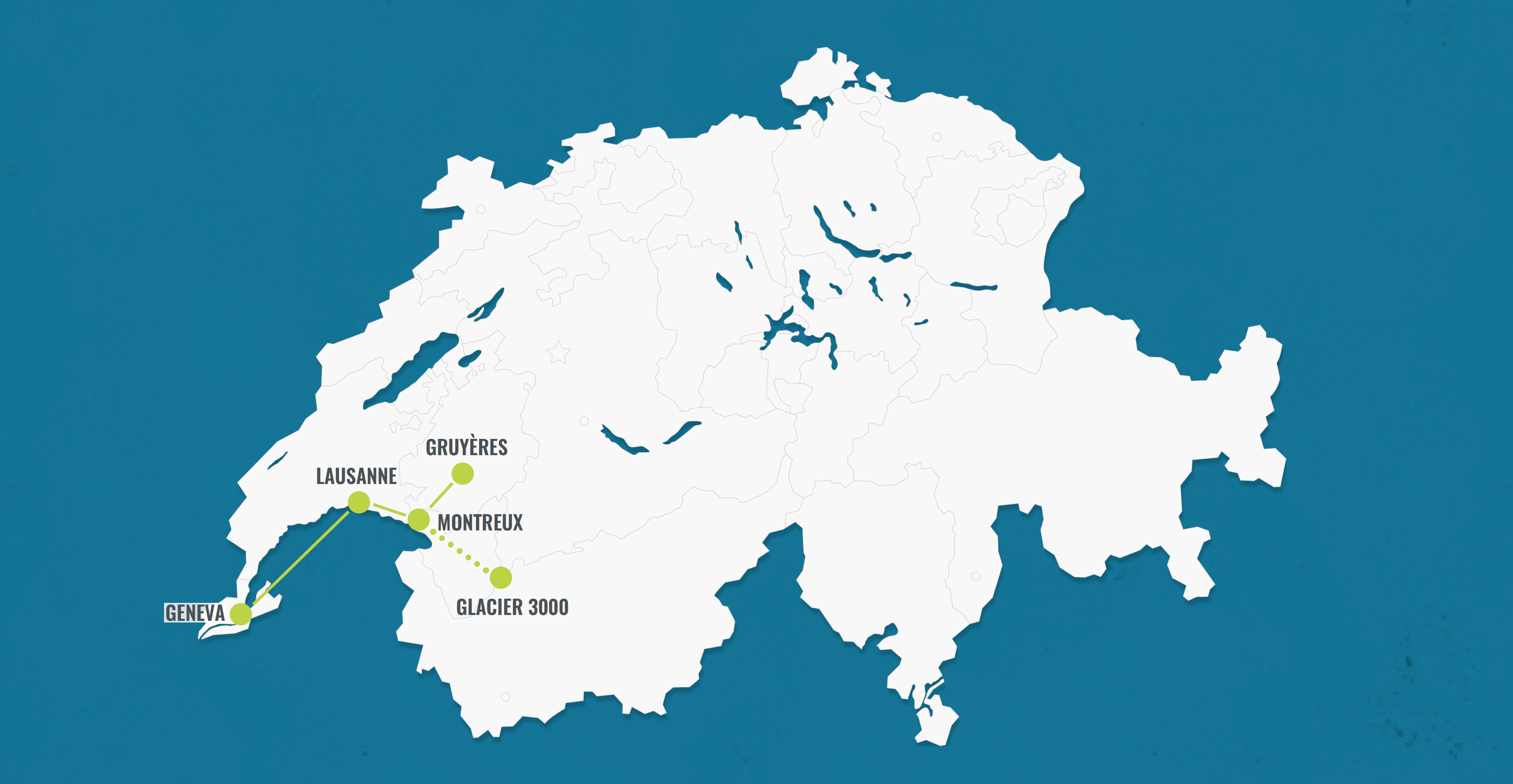 Trasa Ženeva, Lausanne, Montreux s označenými zastávkami.