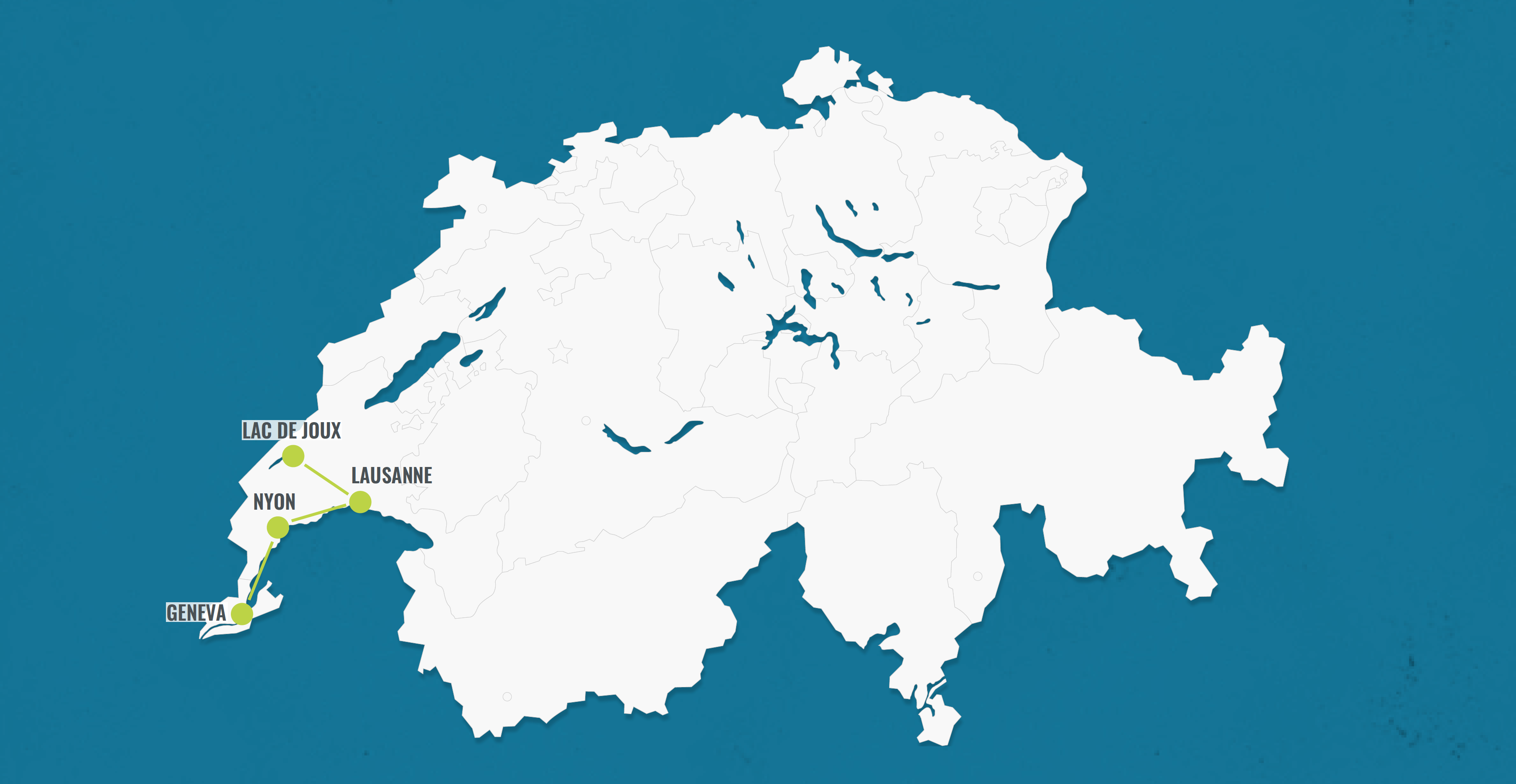 Mapa Ženevy, Lausaně a údolí Joux s Nyonem.
