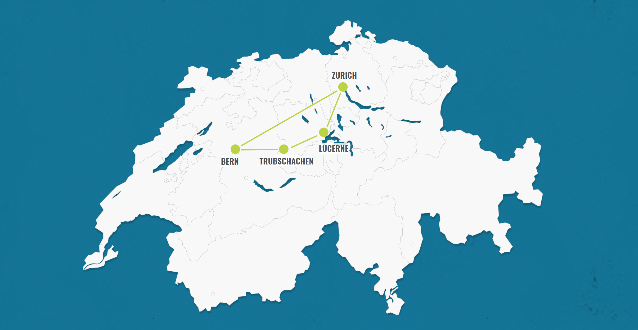 Route through Zurich, Lucerne and Bern with visible cities