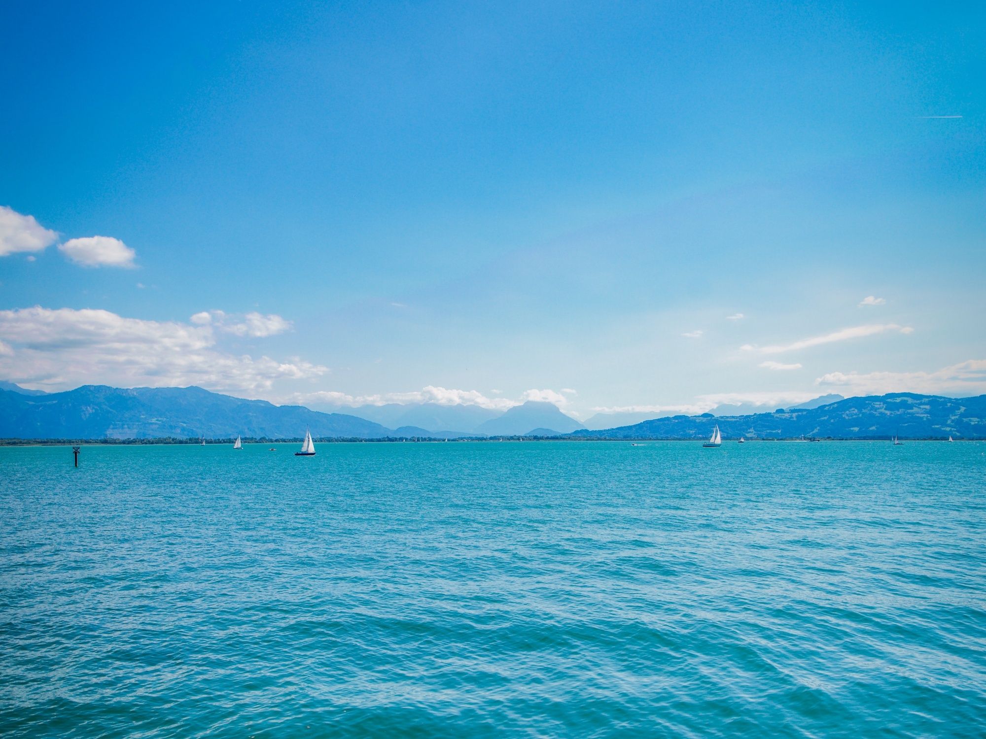 Bodensee: Acqua vasta con barche a vela e montagne sullo sfondo durante una giornata estiva soleggiata.