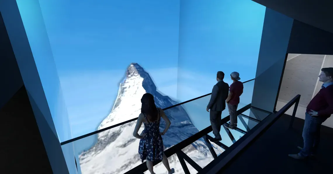 मैटरहॉर्न पर भीड़ के साथ 3डी सिनेमा झूम