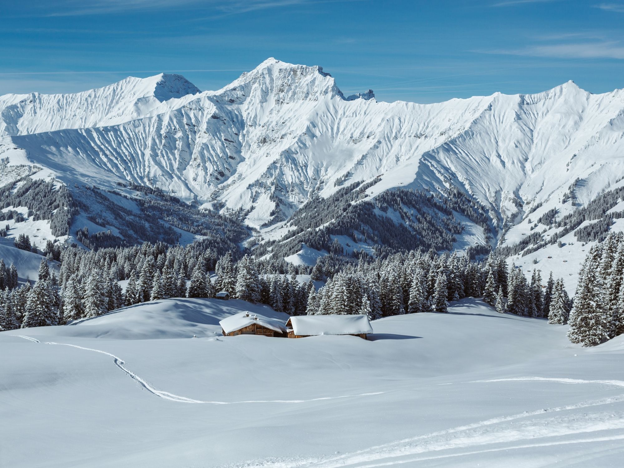 Elsigen Metsch paisagem com montanhas cobertas de neve e construções