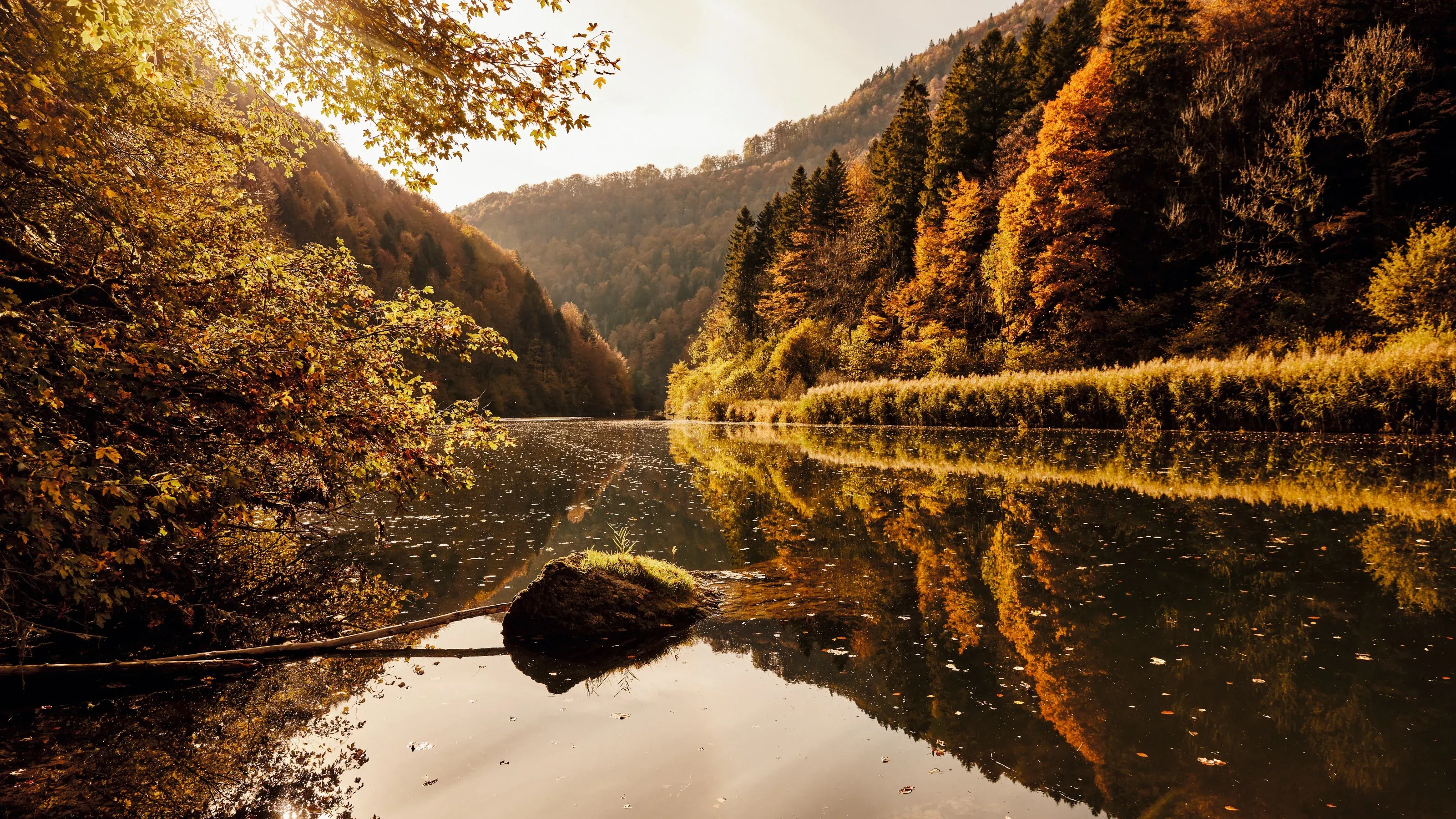 르 생-우르잔 두브 자연공원, 강가의 다채로운 가을 잎사귀, 고요한 수면이 풍경을 비추고 있습니다.