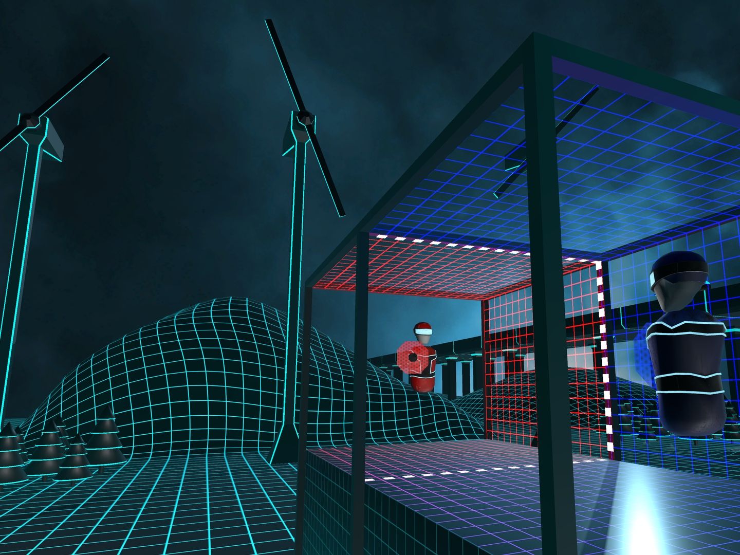 Tennis Grawitacyjny: Doświadcz wciągającej, wirtualnej przygody w futurystycznym środowisku z elektrowniami wiatrowymi.