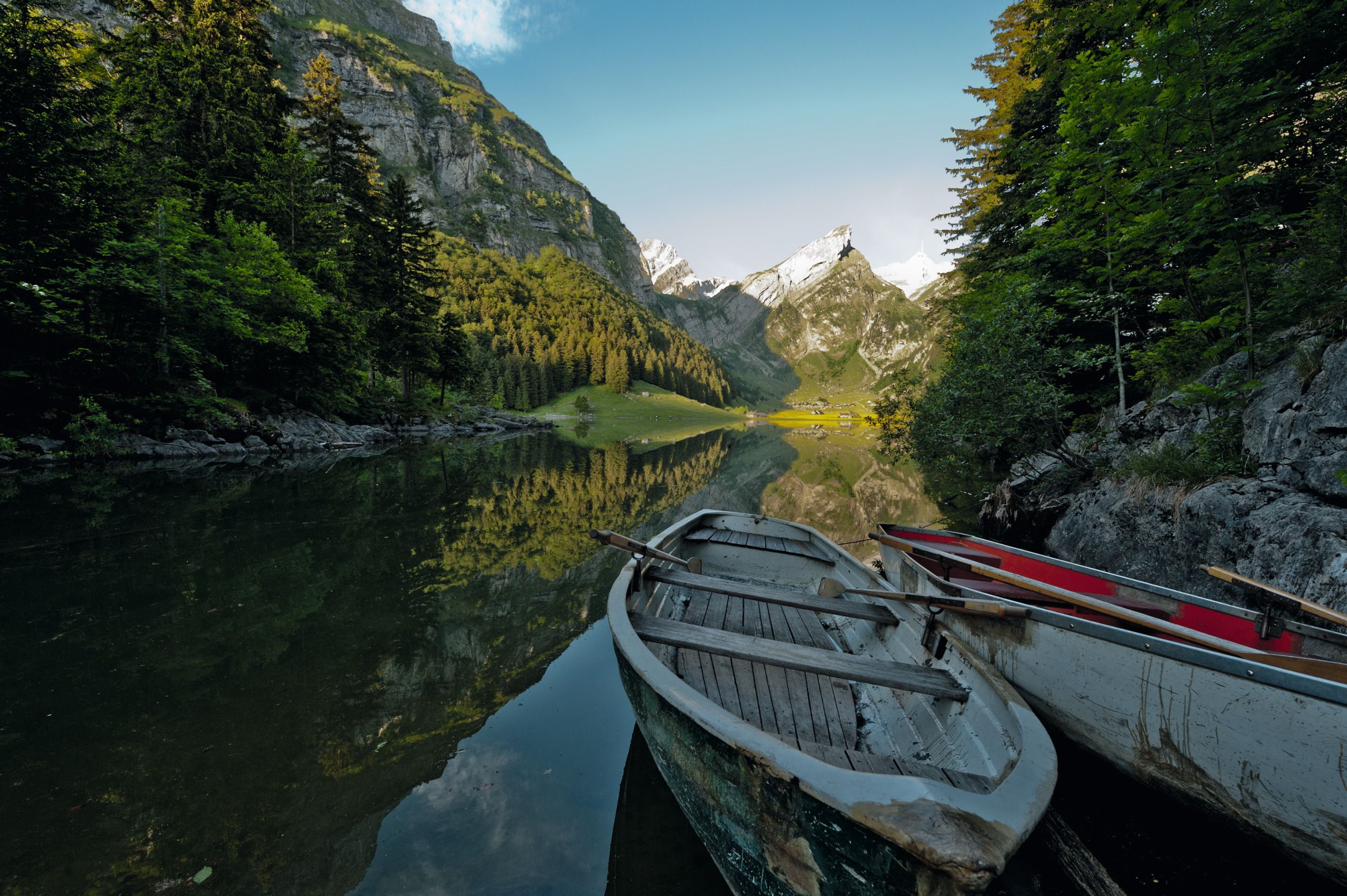 Seealpsee: rustige meer met boten, omringd door bergen en bos in Zwitserland in de zomer