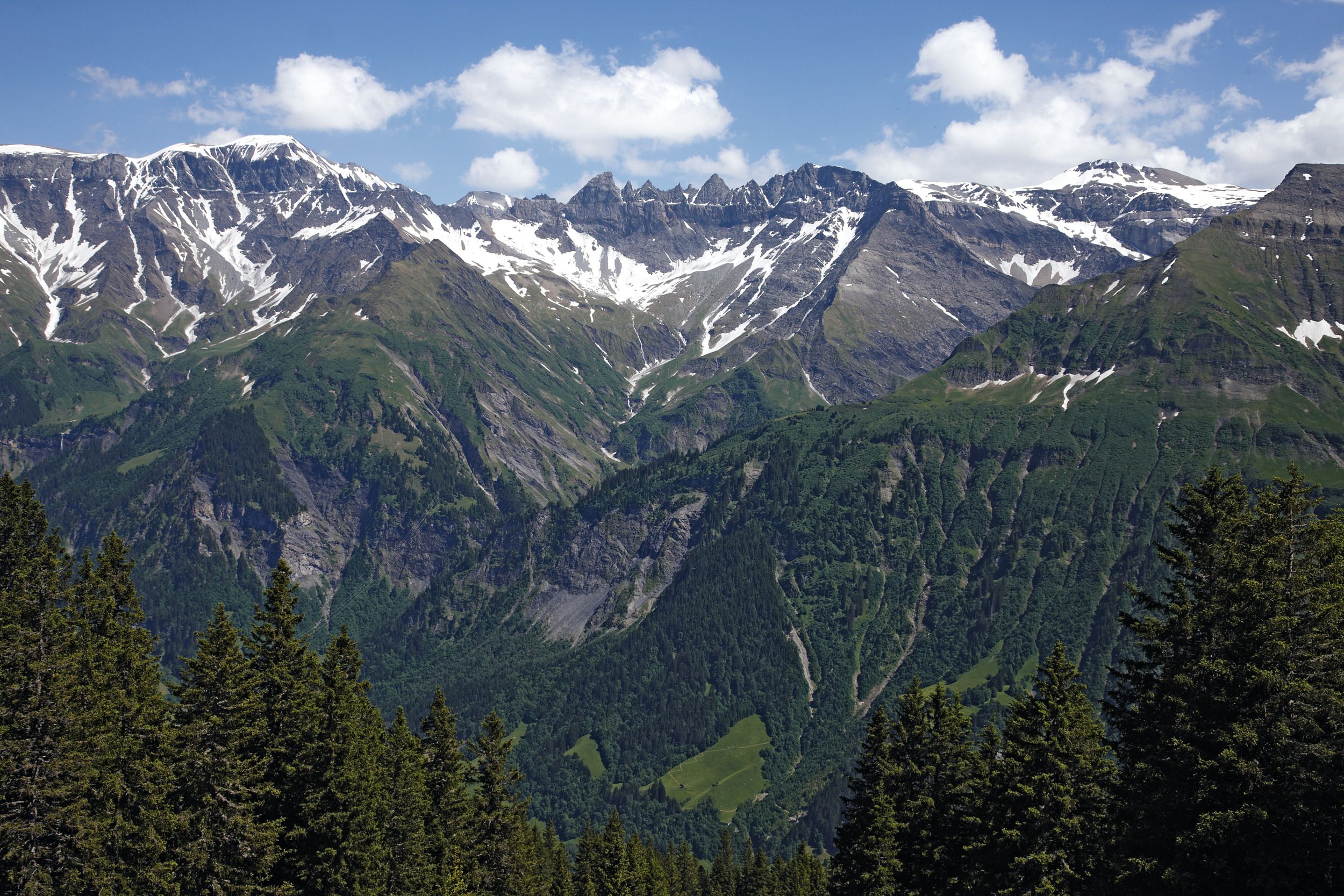 Tschingelhoren Geopark Sardona: indrukwekkend berglandschap met groene bossen en met sneeuw bedekte toppen.