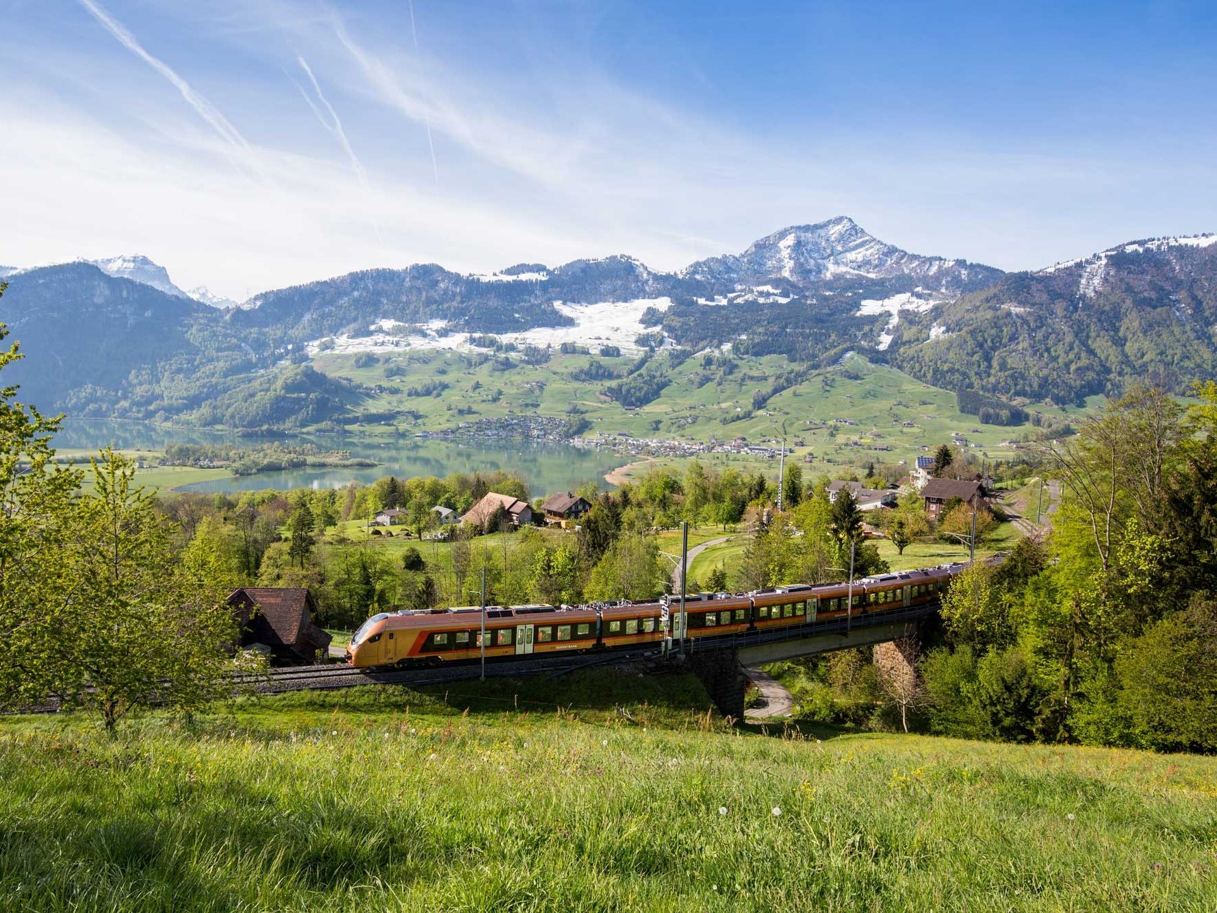 Voralpen Express: Beleef het indrukwekkende landschap van Zwitserland met bergen en groene weilanden.