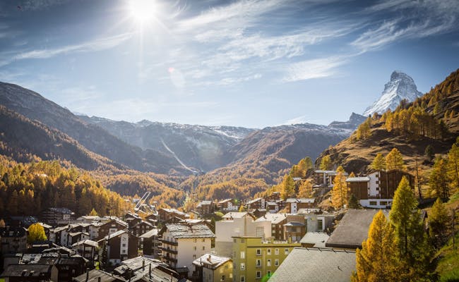 Zermatt: Peisaj de toamnă cu copaci frunziși colorati și vedere spre Matterhorn.
