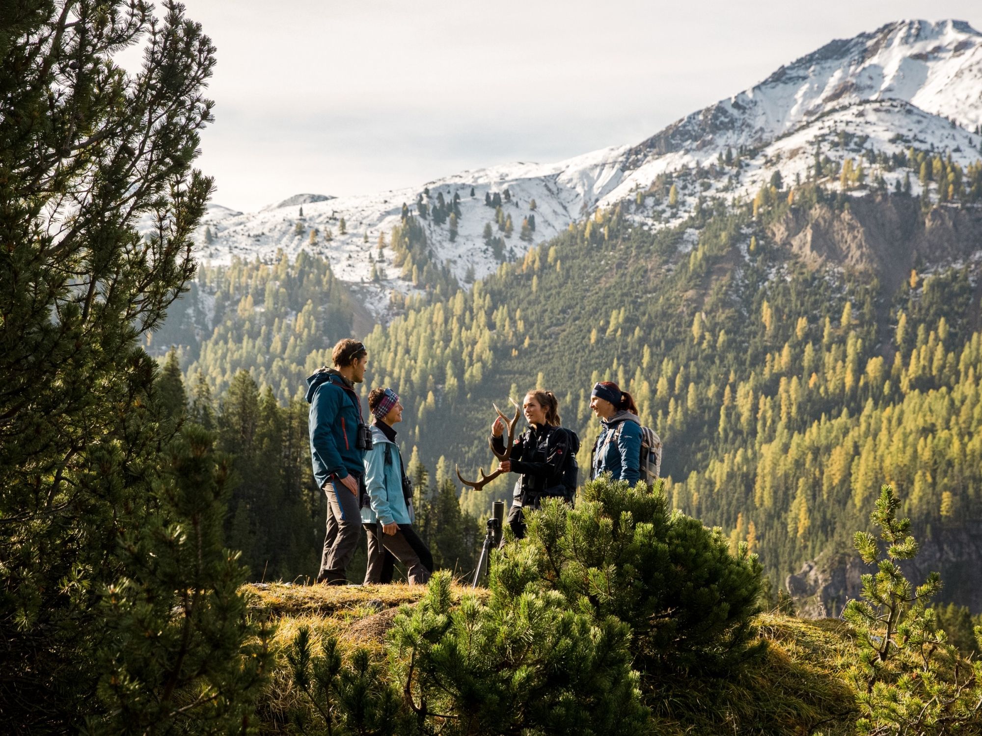 스위스 국립공원의 하이킹 그룹, 산과 가을 숲으로 둘러싸인