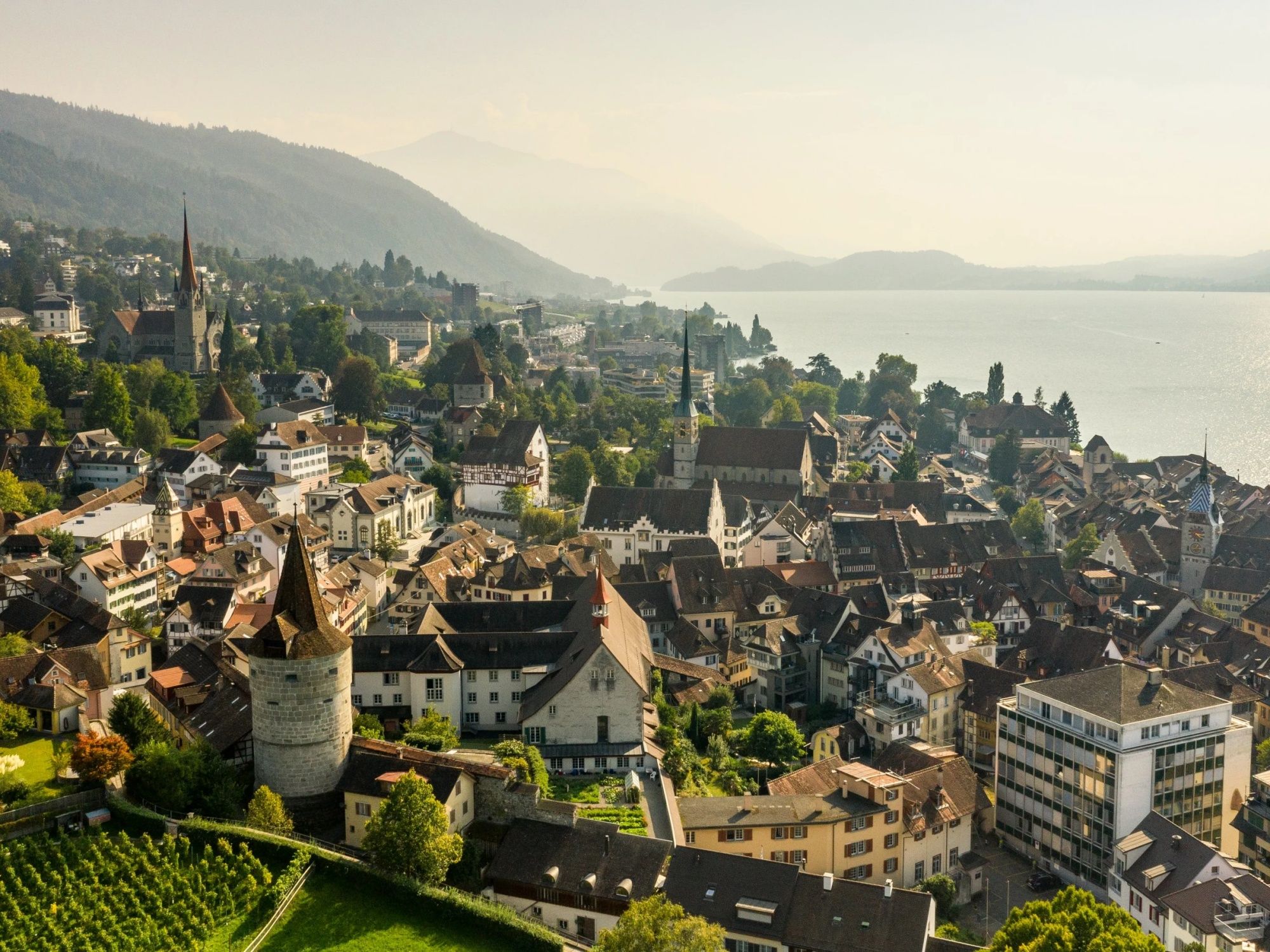 Uitzicht op Zug: pittoreske stadsgezicht met bergen, natuur en charmante gebouwen