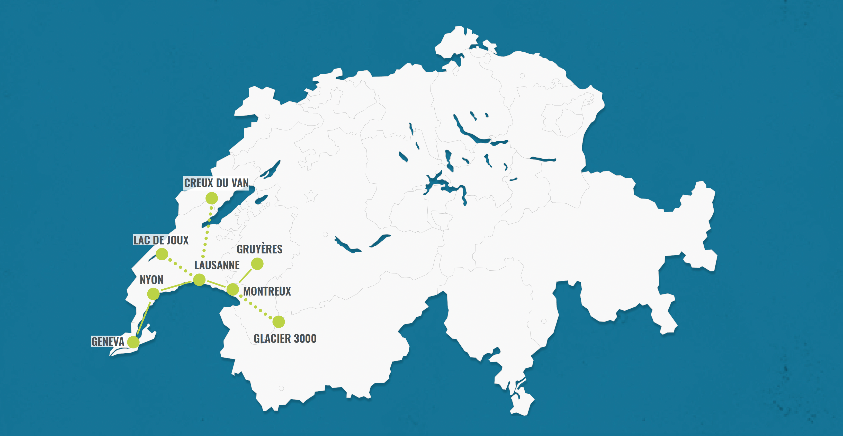 Rota: Descobre a rota de Genebra a Nyon e Lausanne até Gruyères, com uma natureza deslumbrante.