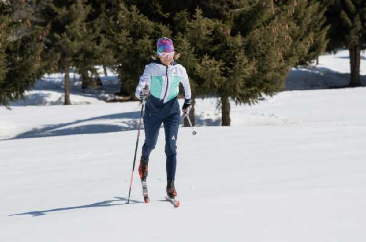 Activité de ski de fond à Davos avec neige et arbres.