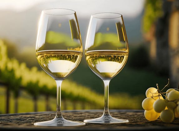 Vin blanc : Deux verres remplis de vin blanc et de raisins frais dans un cadre pittoresque