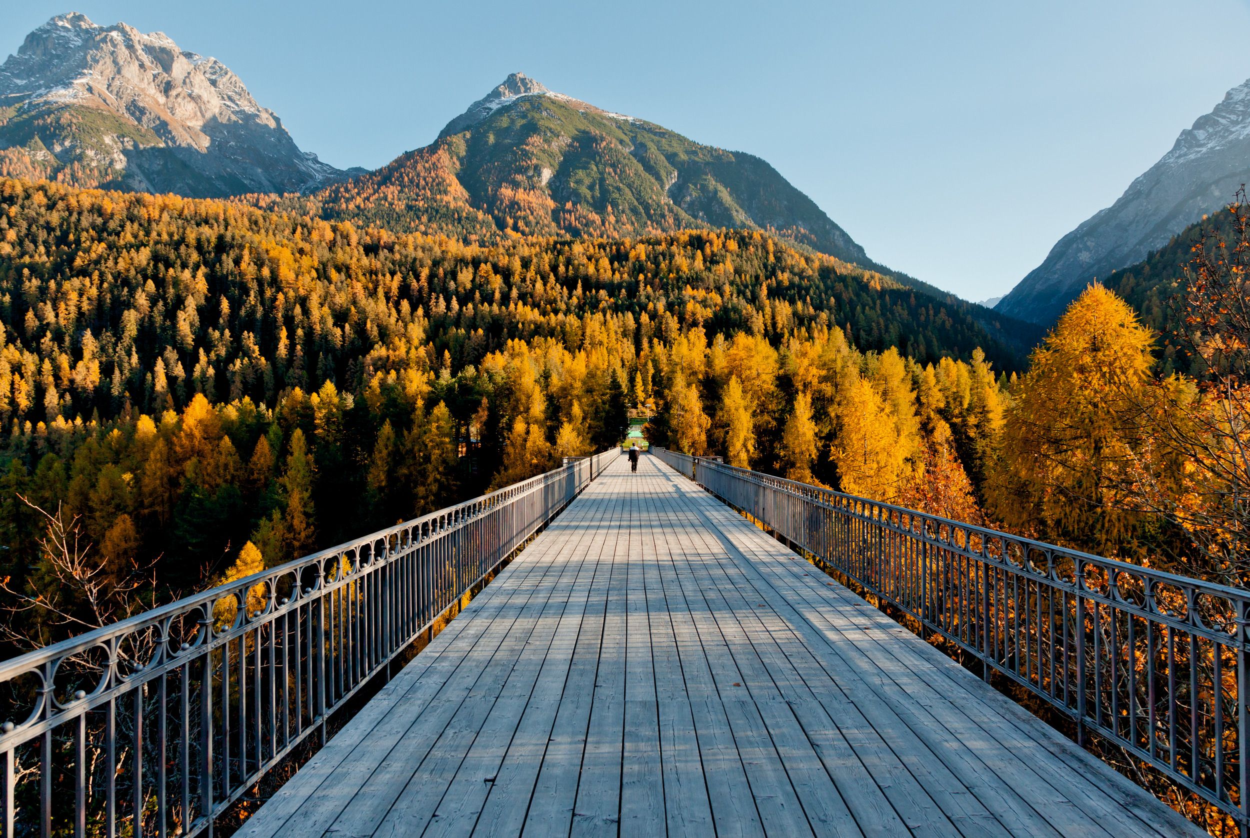 Scuol: impressive autumn landscape with colorful deciduous forests, mountains, and a tranquil bridge in nature.