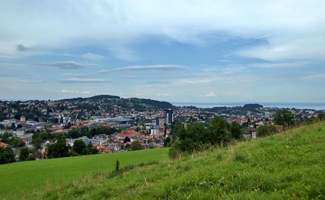 Vedere asupra orașului St. Gallen cu priveliște spre lacul Bodensee, cer de vară minunat și pajiști verzi.