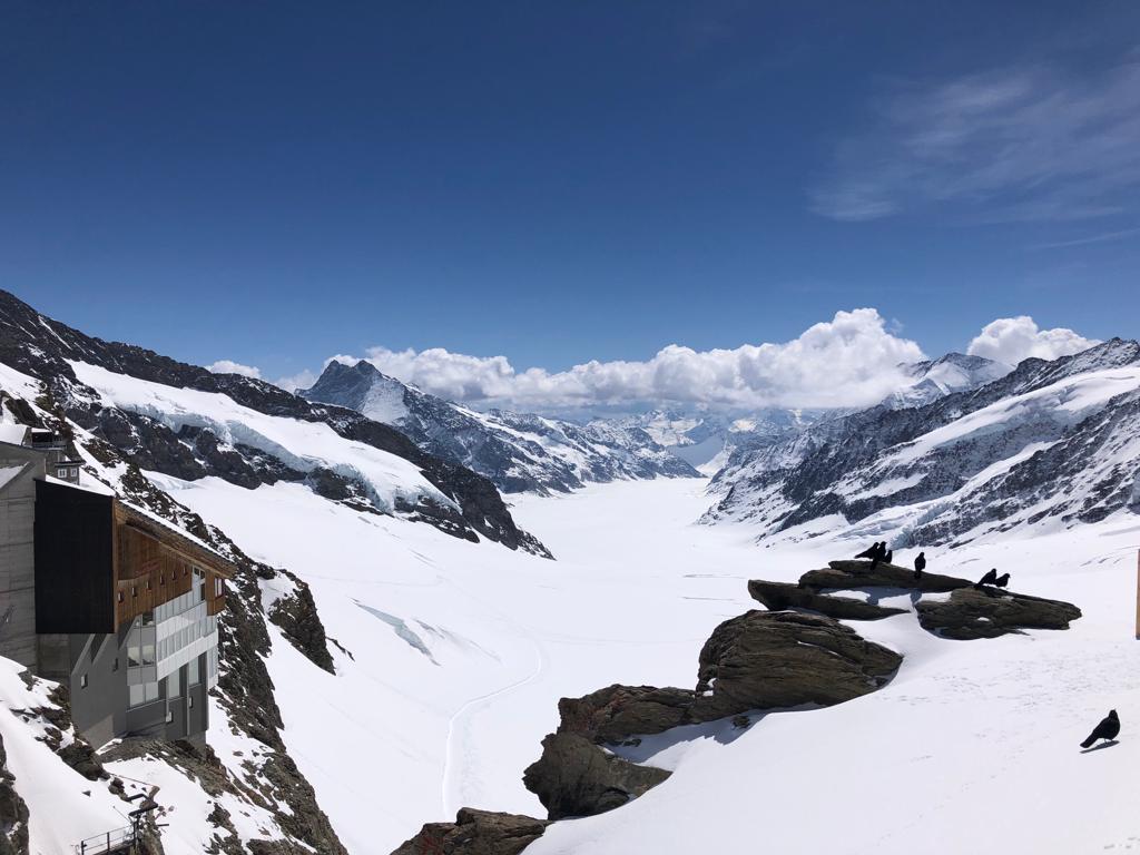 Jungfraujoch mit Gletscherlandschaft, Schnee und Bergpanorama