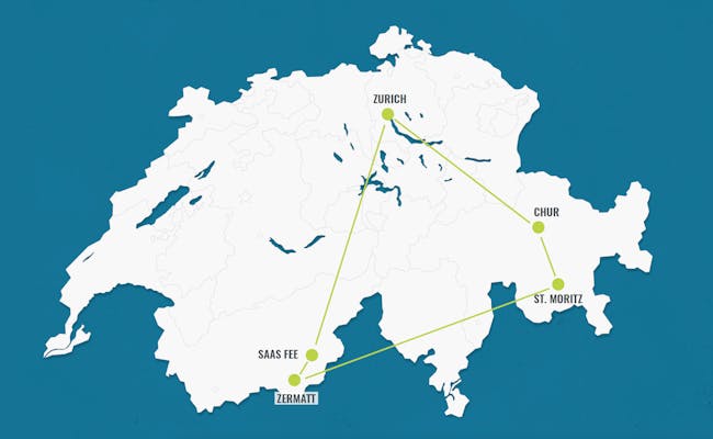 Itinerar 6: descoperă Elveția cu munți uimitori, lacuri și natură între Zürich, Chur, St. Moritz și Zermatt.