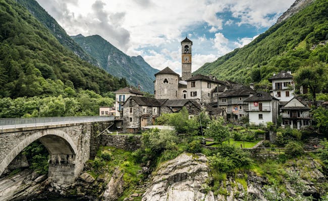 Lavertezzo: picturesque mountain landscape with historic buildings and surroundings in summer.