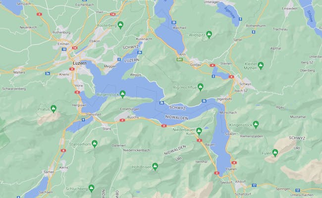 Vierwaldstättersee Karte mit Umgebung, Straßen und Städten