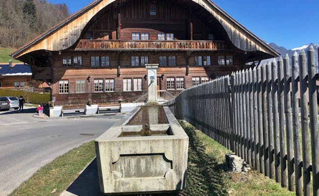 Trinkwasser Schweiz Brunnen neben Holzhaus in der Natur.