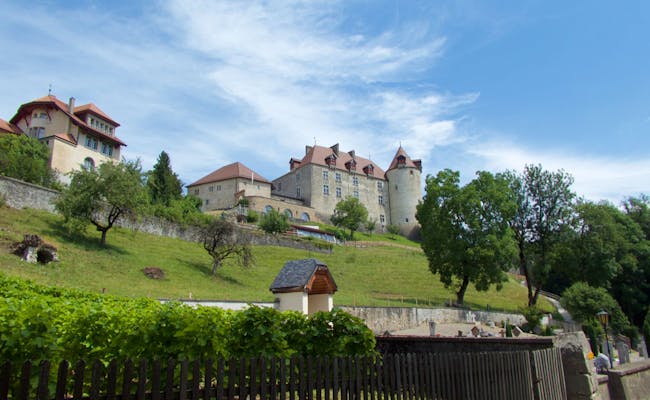 Château de Gruyères avec des vignobles environnants par beau temps.