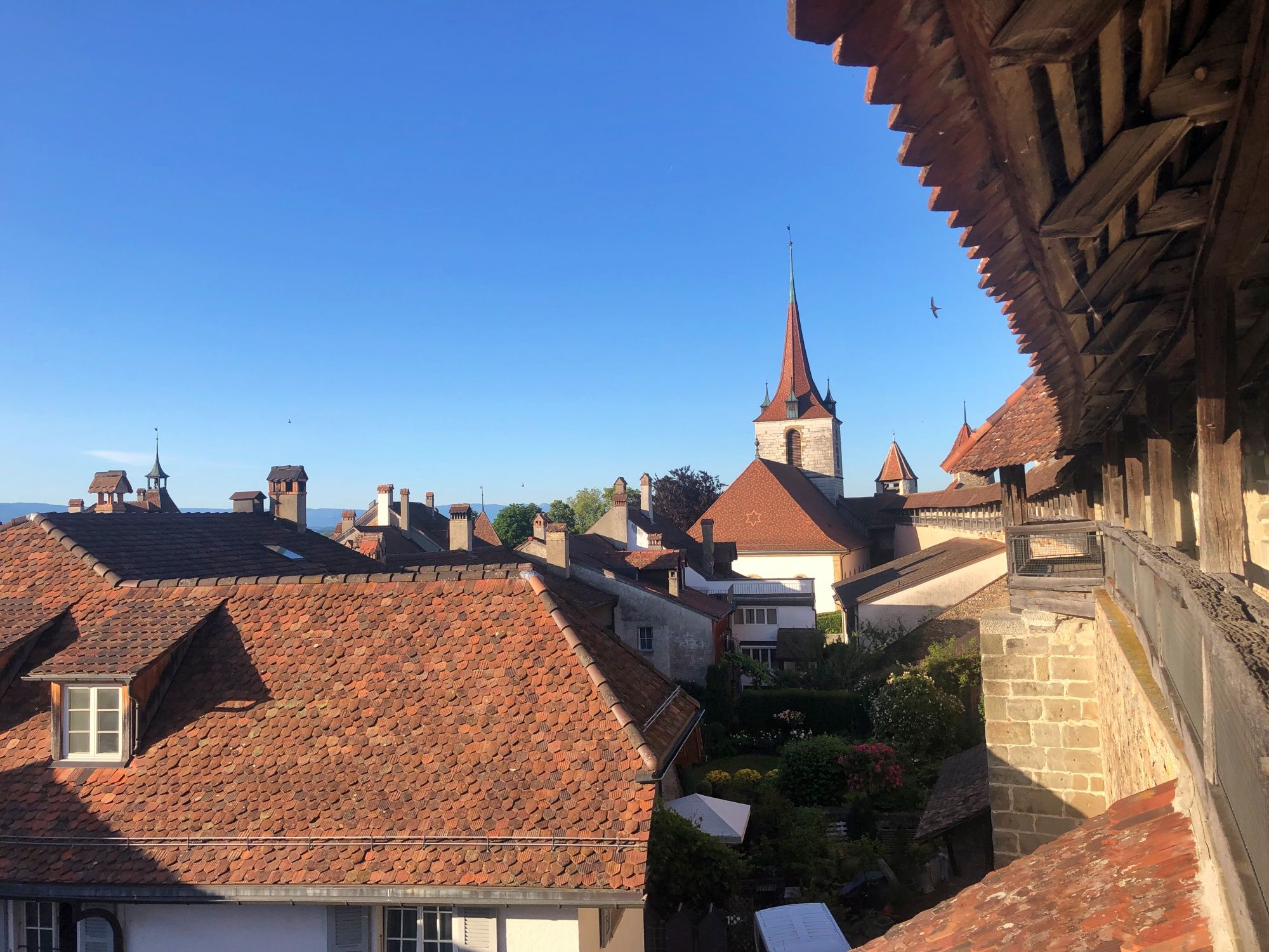 Mura di Morat: Vista sui tetti in un ambiente pittoresco con architettura storica.