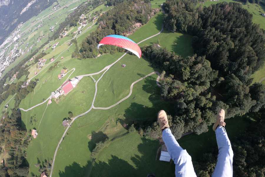 Flums Paragliding: atemberaubender Blick auf die grüne Landschaft und den Gleitschirm in der Luft.