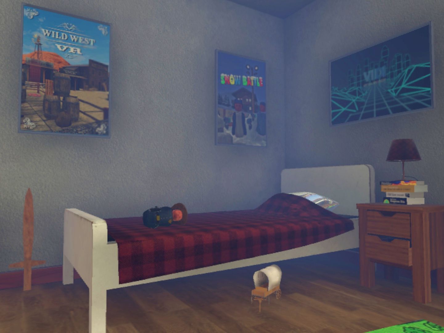Виртуальные приключения: игровая сцена в детской комнате с игрушками и декорациями.